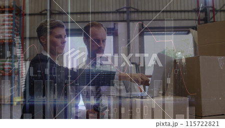 Image of financial data over caucasian male and female warehouse workers 115722821