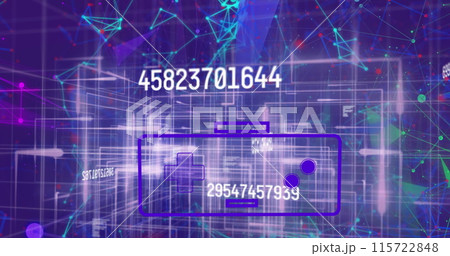 Image of data processing and network of connections over blue background 115722848