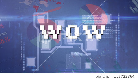 Image of wow text over data processing and computer circuit board 115722864