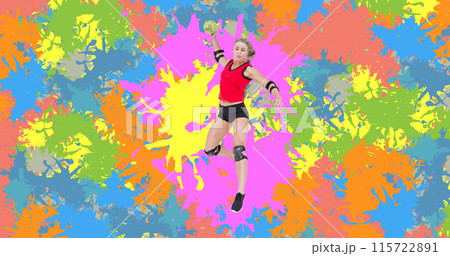 Image of caucasian female handball player holding ball over colorful stains Image of caucasian female handball player holding ball over colorful stains 115722891