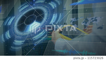 Image of data processing over hands of caucasian man checking servers 115723026