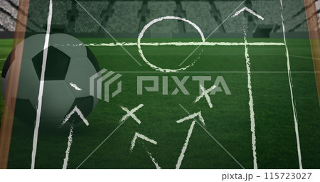 Image of drawing of game plan over football and stadium 115723027