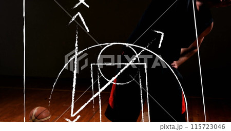 Image of caucasian male basketball player over plan of stadium 115723046