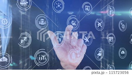 Image of multiple digital icons over mid section of businessman touching invisible screen 115723056