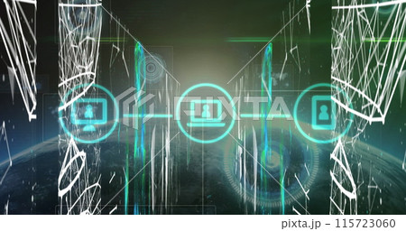 Image of multiple digital icons over screens of network of connections against green background 115723060