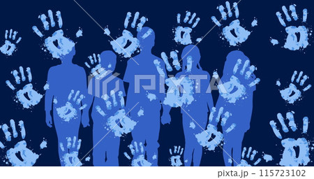 Image of handprints and silhouettes of children on blue background 115723102
