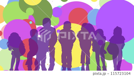Image of spots and silhouettes of children on white background 115723104