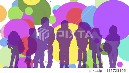 Image of spots and silhouettes of children on white background 115723106