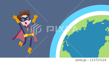 Image of superhero boy with globe icon on blue background 115723124