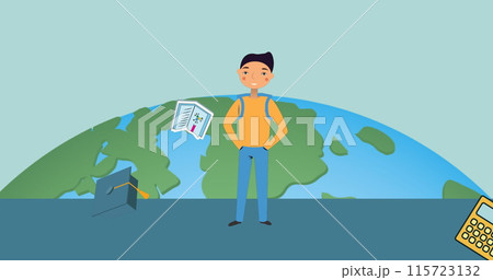Image of schoolboy icon and globe on gray background 115723132