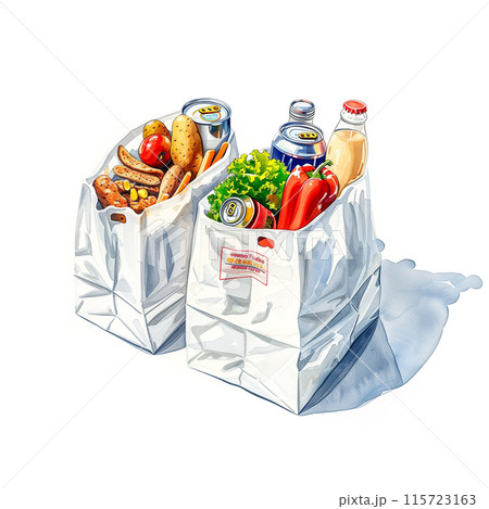 白背景にスーパーの買い物袋に入った色々な食材 115723163