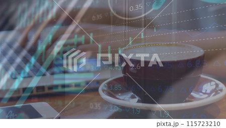Image of financial data processing over caucasian woman using laptop Image of financial data processing over caucasian woman using laptop 115723210