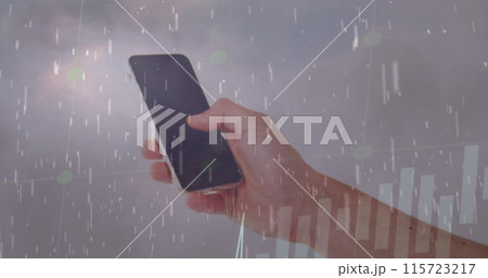 Image of financial data processing over caucasian woman using smartphone 115723217