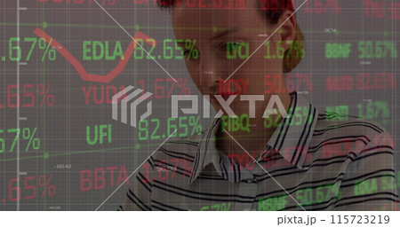 Image of graph and financial data processing over caucasian woman using laptop 115723219