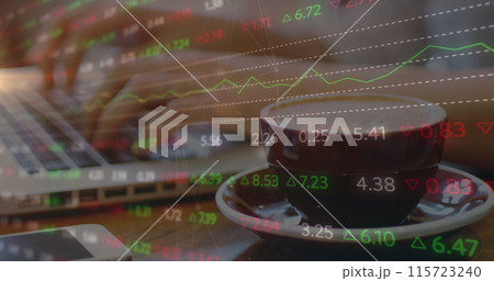 Image of financial data processing over caucasian woman using laptop 115723240