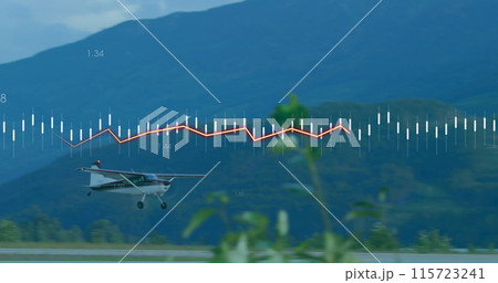 Image of heart rhythm and moving lines with numbers over airplane landing on runway 115723241