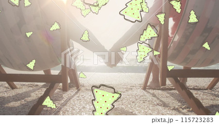 Image of ginger bread icons over senior biracial couple at beach 115723283