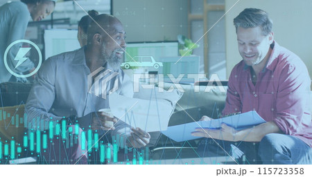 Image of financial data processing over diverse business people in office Image of financial data processing over diverse business people in office 115723358