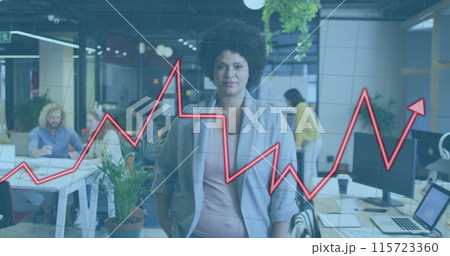 Image of red arrow and financial data processing over biracial businesswoman in office Image of red arrow and financial data processing over biracial businesswoman in office 115723360