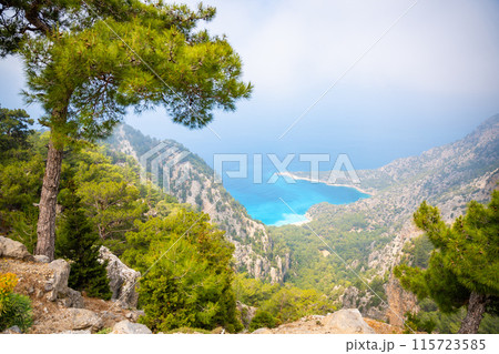 Aerial view from mountain road of blue Muhterem Durmus Leylek bay in Turkey 115723585