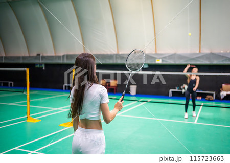 Sports young women with racket and shuttlecock is exercising, playing in badminton on inside court 115723663