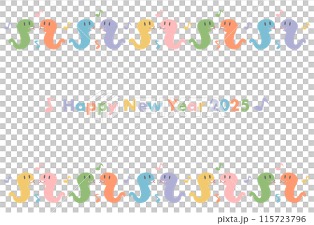 2025年巳年の年賀状: カラフルな蛇と音符の模様 2025年巳年の年賀状: カラフルな蛇と音符の模様 115723796