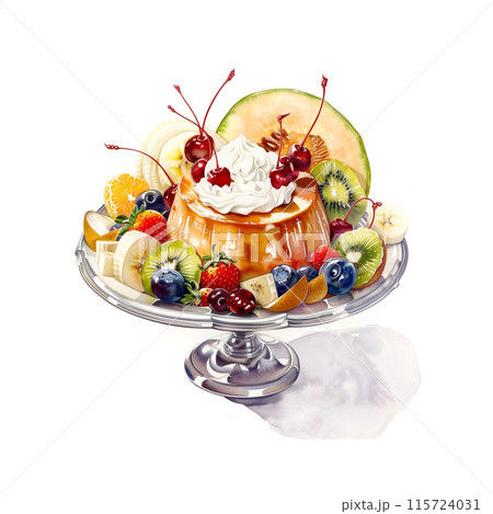 白背景にプリンアラモードの水彩イラスト 白背景にプリンアラモードの水彩イラスト 115724031