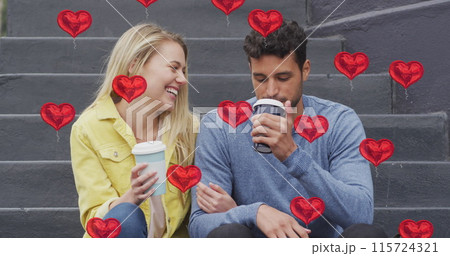 Image of heart icons floating over happy caucasian couple talking and drinking takeaway coffee 115724321