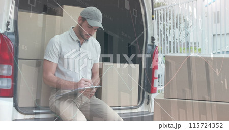 Statistical data processing against caucasian delivery man writing on clipboard and smiling Statistical data processing against caucasian delivery man writing on clipboard and smiling 115724352