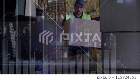 Image of statistics and financial data processing over delivery man and van Image of statistics and financial data processing over delivery man and van 115724355