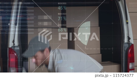 Statistical data processing against caucasian delivery man removing boxes from his delivery van 115724377
