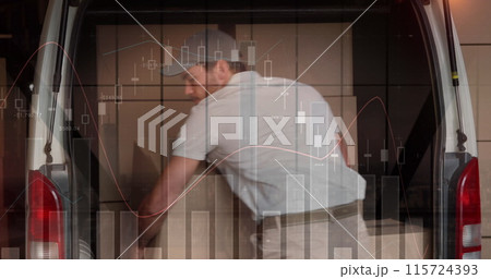 Statistical data processing against caucasian delivery man removing boxes from his delivery van Statistical data processing against caucasian delivery man removing boxes from his delivery van 115724393