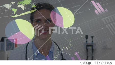 Image of financial data over happy caucasian female doctor 115724409