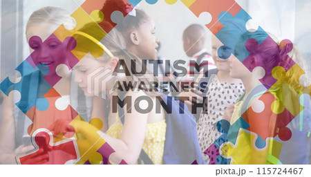 Image of autism awareness month text over diverse schoolchildren using smartphone Image of autism awareness month text over diverse schoolchildren using smartphone 115724467