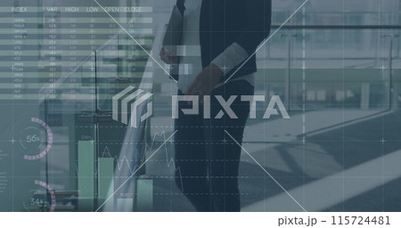 Image of financial data and graphs over caucasian businesswoman using tablet Image of financial data and graphs over caucasian businesswoman using tablet 115724481