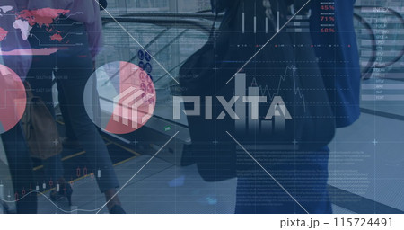 Image of financial data and graphs over diverse businesspeople walking to escalator Image of financial data and graphs over diverse businesspeople walking to escalator 115724491