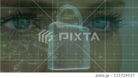Security padlock icon over grid network against close up of woman's eyes 115724537