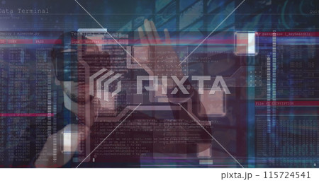 Image of data processing over caucasian man using vr headset 115724541