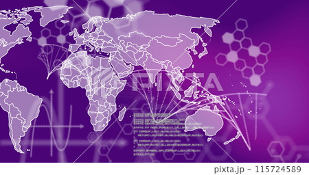 Image of dna strand spinning with data processing over world map 115724589