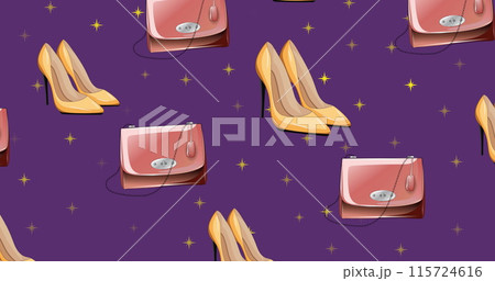 Image of heels, bags and stars over purple background Image of heels, bags and stars over purple background 115724616