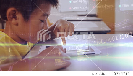 Image of data processing over asian schoolboy using tablet 115724754