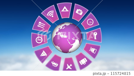 Image of travel icons with globe on sky background 115724815