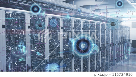 Image of mathematical equations over round scanners and data processing against server room 115724910