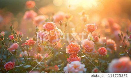 Sunlit rose background. Beautiful flower background. Nature background concept. 115725871