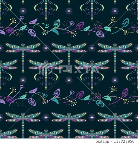 Mysterious seamless pattern with fantasy colored dragonflies, pixie, faerie, scattered leaves, sparkles. Mystical magic, sorcery concept. Art nouveau style. Mysterious seamless pattern with fantasy colored dragonflies, pixie, faerie, scattered leaves, sparkles. Mystical magic, sorcery concept. Art nouveau style. 115725950