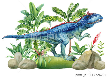 Dinosaur Watercolor illustration with prehistoric landscape, palm, plants. Allosaurus hand drawn detailed clipart Dinosaur Watercolor illustration with prehistoric landscape, palm, plants. Allosaurus hand drawn detailed clipart 115726297