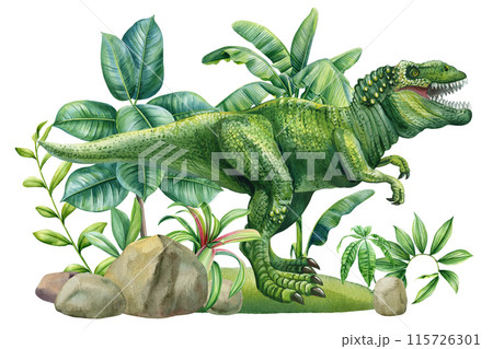 Dinosaurs in tropical forest, Tyrannosaurus rex watercolor, Hand painted watercolor dinosaur illustration poster design Dinosaurs in tropical forest, Tyrannosaurus rex watercolor, Hand painted watercolor dinosaur illustration poster design 115726301