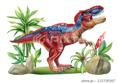 Tyrannosaurus rex with prehistoric landscape, Dinosaurs watercolor drawing. Hand painted prehistoric animal illustration Tyrannosaurus rex with prehistoric landscape, Dinosaurs watercolor drawing. Hand painted prehistoric animal illustration 115726307
