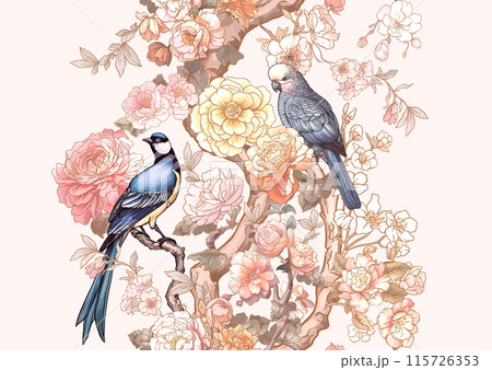 Blossom trees with sparrow and parrots  115726353