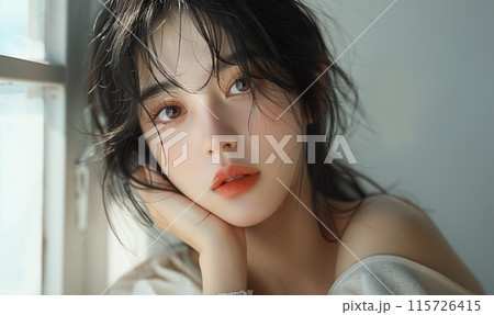 顔に手を添える女性 115726415